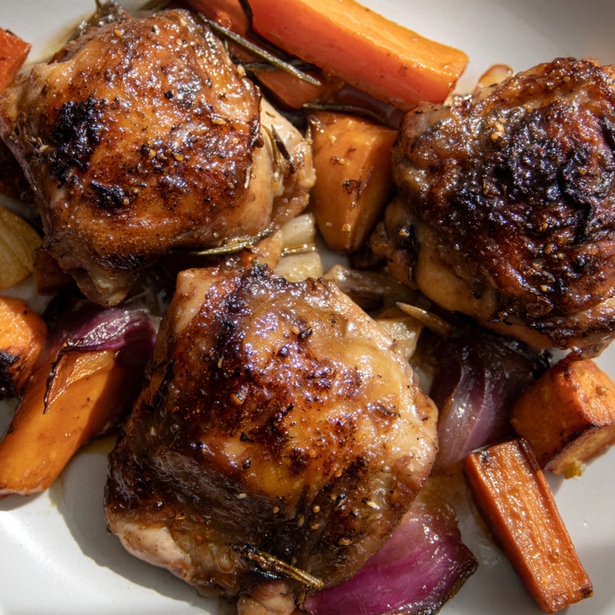 Golden Honey-Glazed Chicken with Roasted Root Vegetables, a comforting and flavorful one-pan dinner.