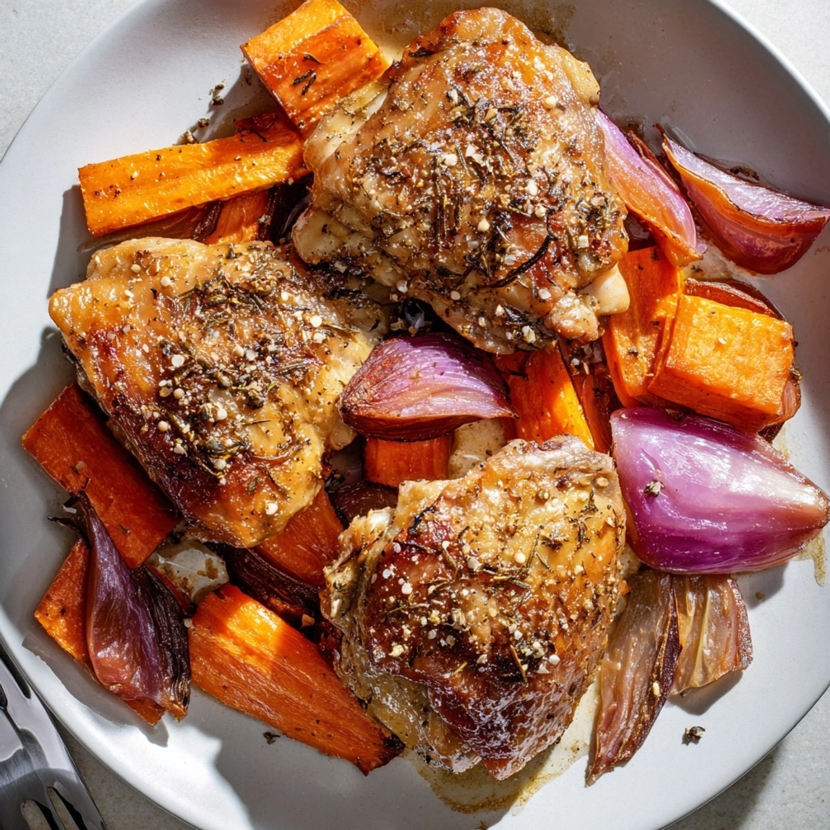 Savory Honey-Glazed Chicken recipe: sweet, sticky glaze atop juicy chicken amidst colorful root vegetables.