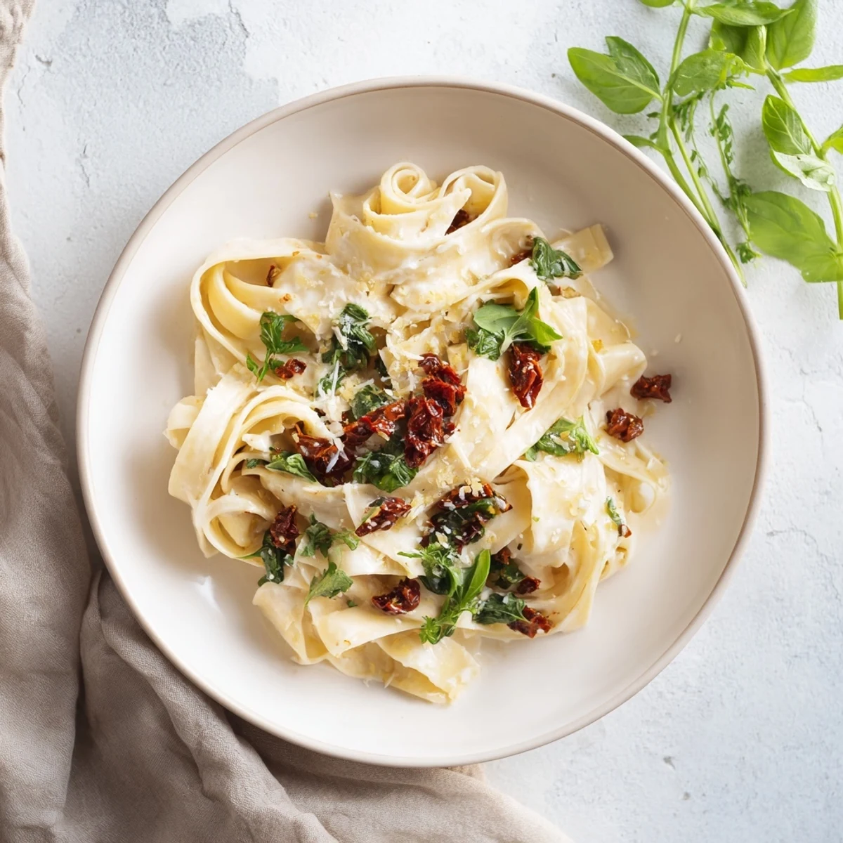 One-Pot Creamy Tuscan Garlic Herb Pasta, garnished with fresh basil, steaming in a large skillet, ready to serve.