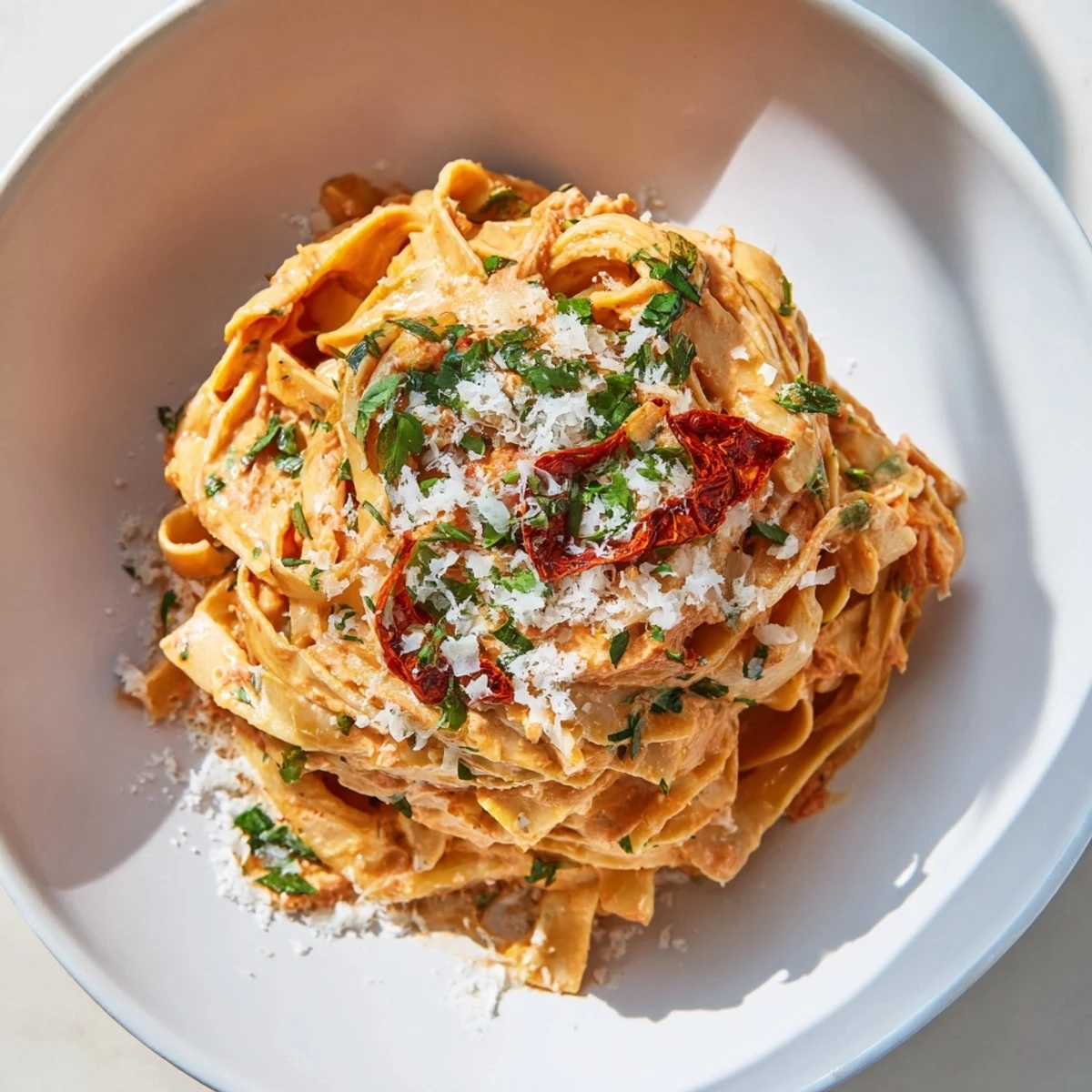 Golden-hued One-Pot Creamy Tuscan Garlic Herb Pasta, perfectly cooked and glistening, a comforting Italian meal.