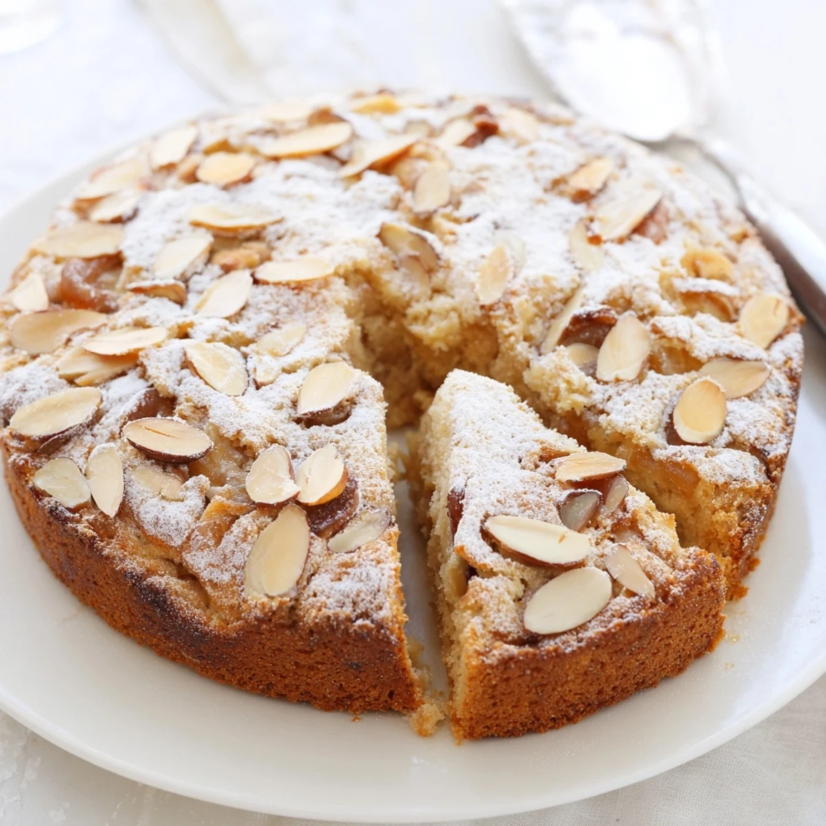Moist and delicious plum-infused almond cake, topped with toasted almonds and fresh plum slices.