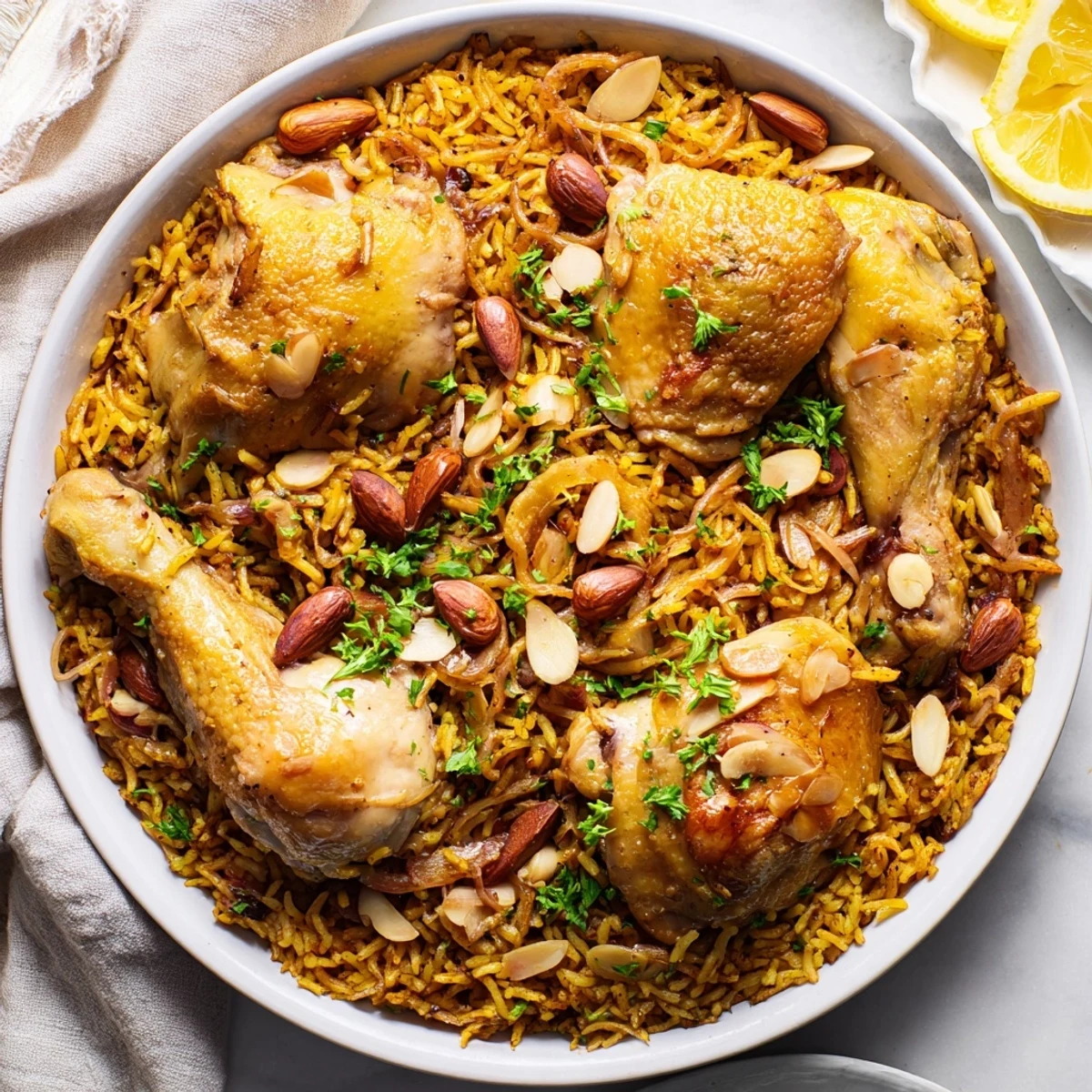 Steaming saffron chicken and rice pilaf, boasting fragrant spices and tender chicken thighs, ready to serve.