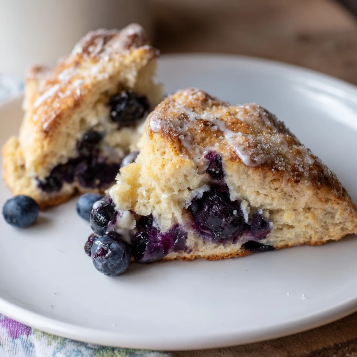 Warm Rustic Birch-Warm Blueberry Scones, golden, fresh from the oven, ready to enjoy with a cup of tea.