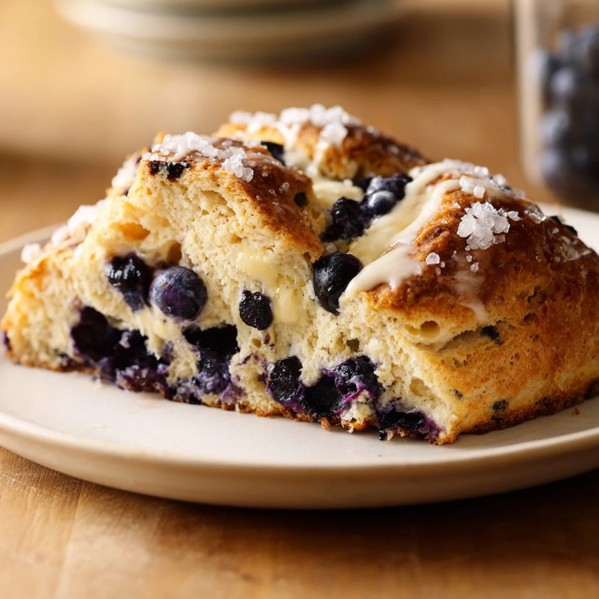 Close-up of golden brown Rustic Birch-Warm Blueberry Scones, bursting with syrupy blueberries, perfect for breakfast.