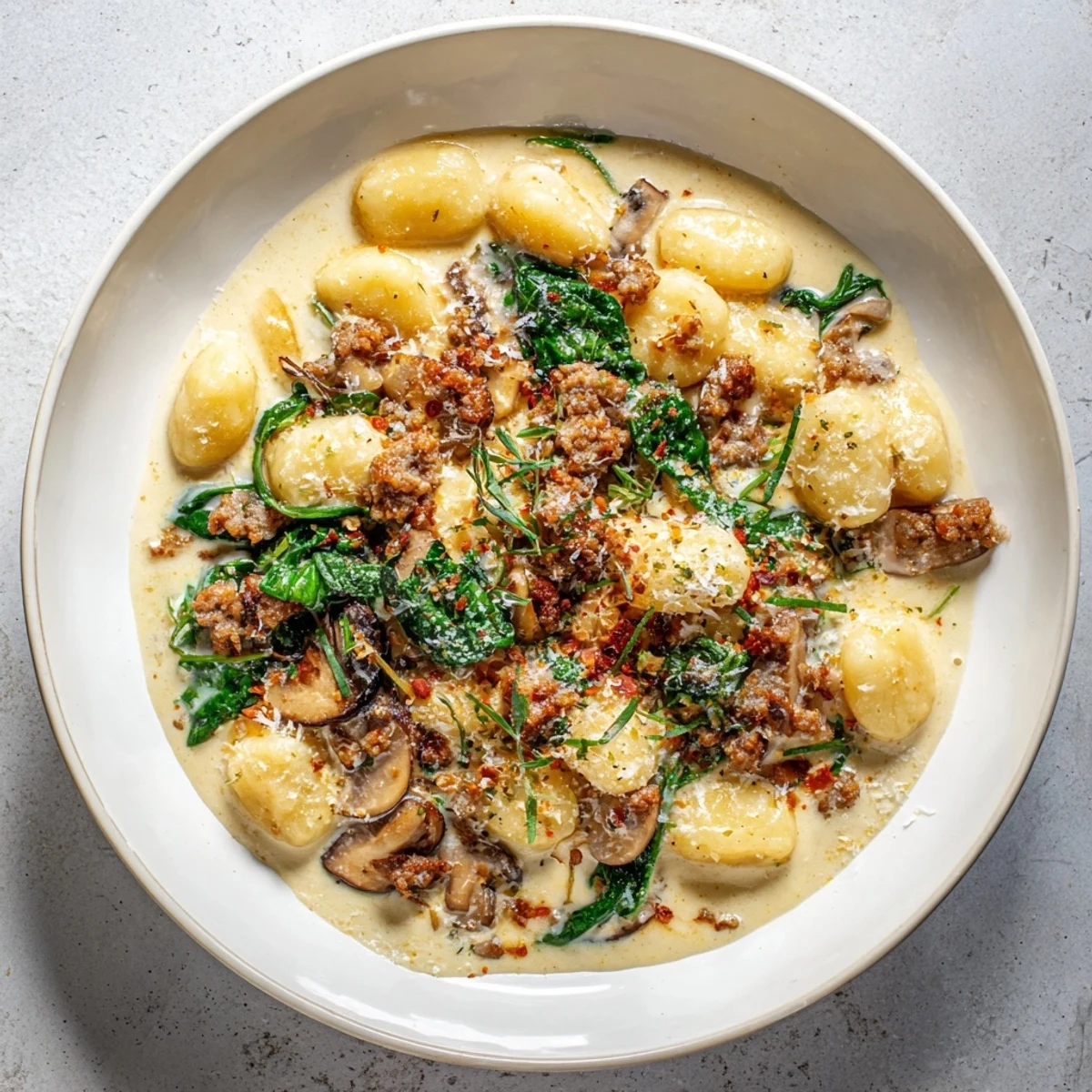 Sizzling Woodsy Skillet Sausage and Mushroom Gnocchi: a hearty skillet meal with creamy sauce and herbs.