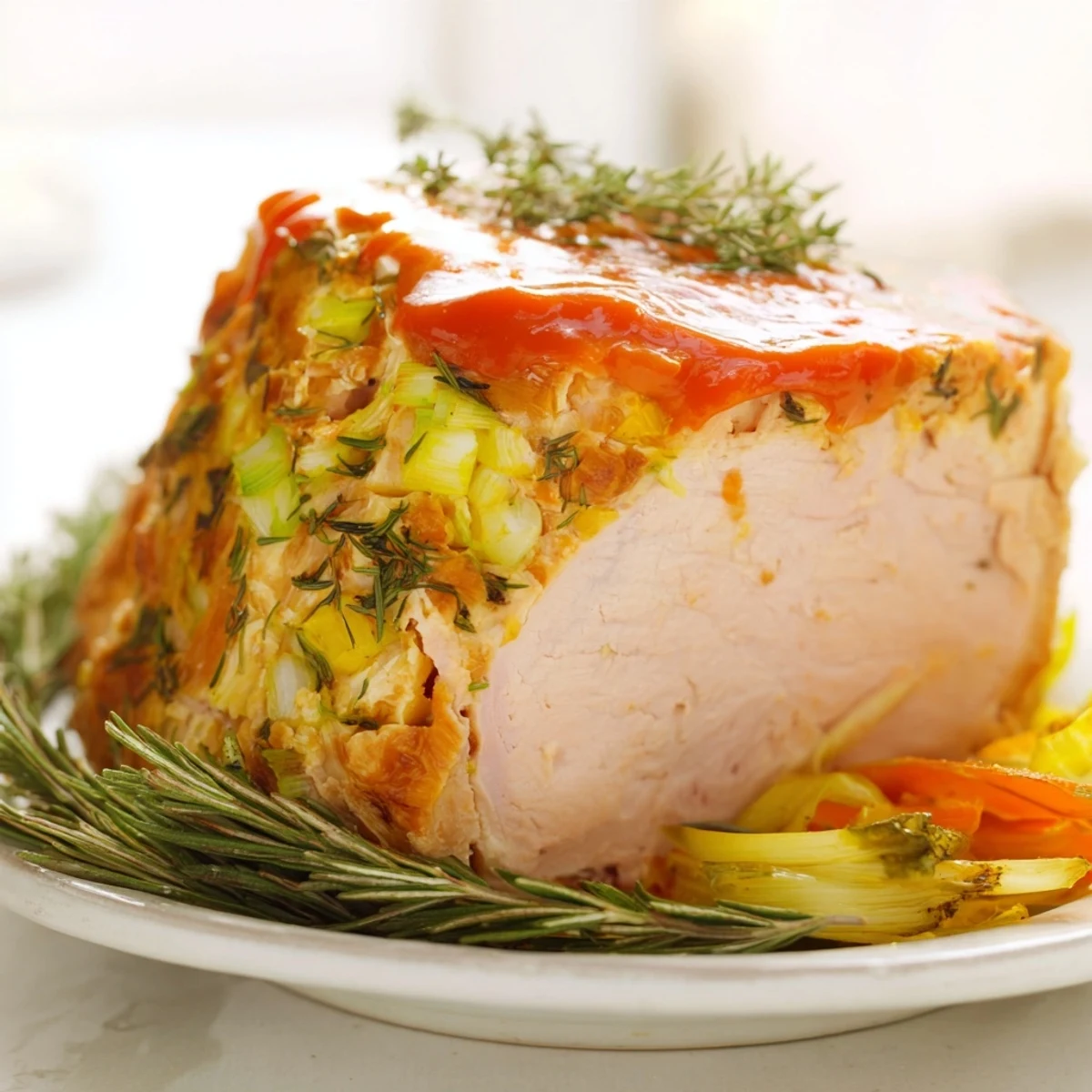 A juicy, herb-sprigged turkey meatloaf, glazed with shiny ketchup and ready to serve with sides.