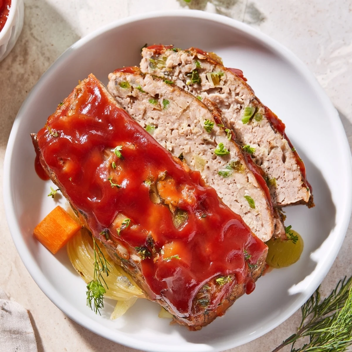 Imagine tender slices of Everyday Herb-Sprigged Turkey Meatloaf, a flavorful main dish ready for your next meal.