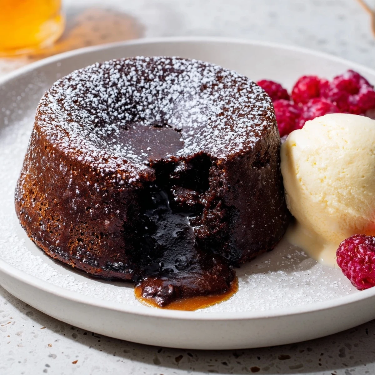 Steaming dark chocolate lava cakes, warm and gooey, ready to burst open on your plate.