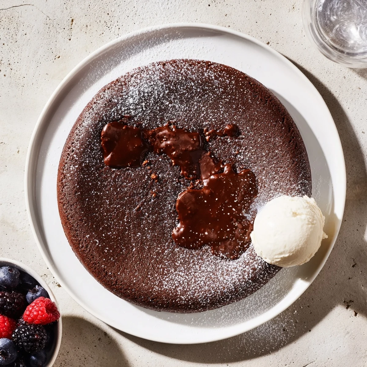 Rich, molten center of cocoa-warm dark chocolate lava cakes cascading onto plates as dessert.