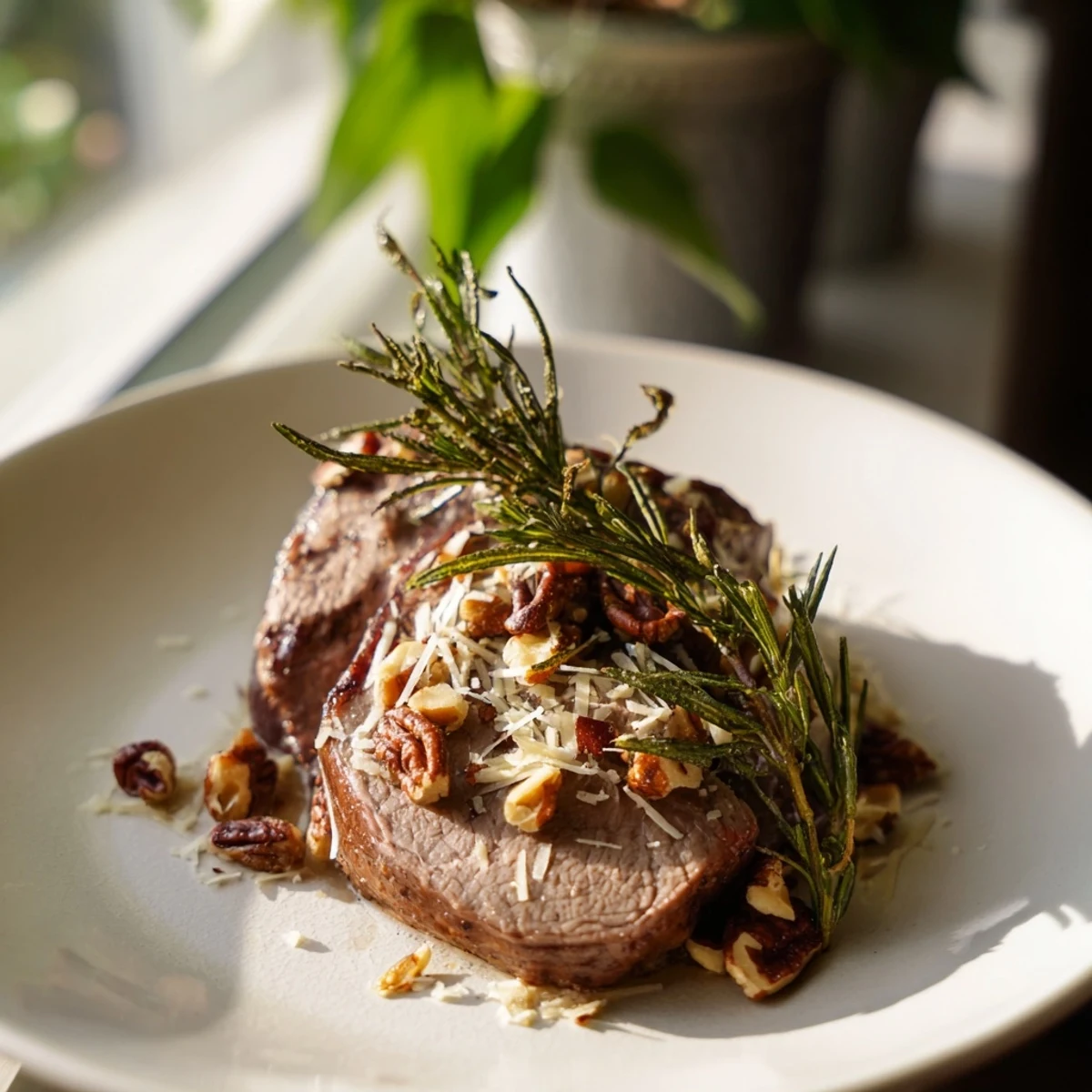 Savory Thyme and Pecan Crusted Pork Tenderloin, expertly seared and roasted to juicy perfection.