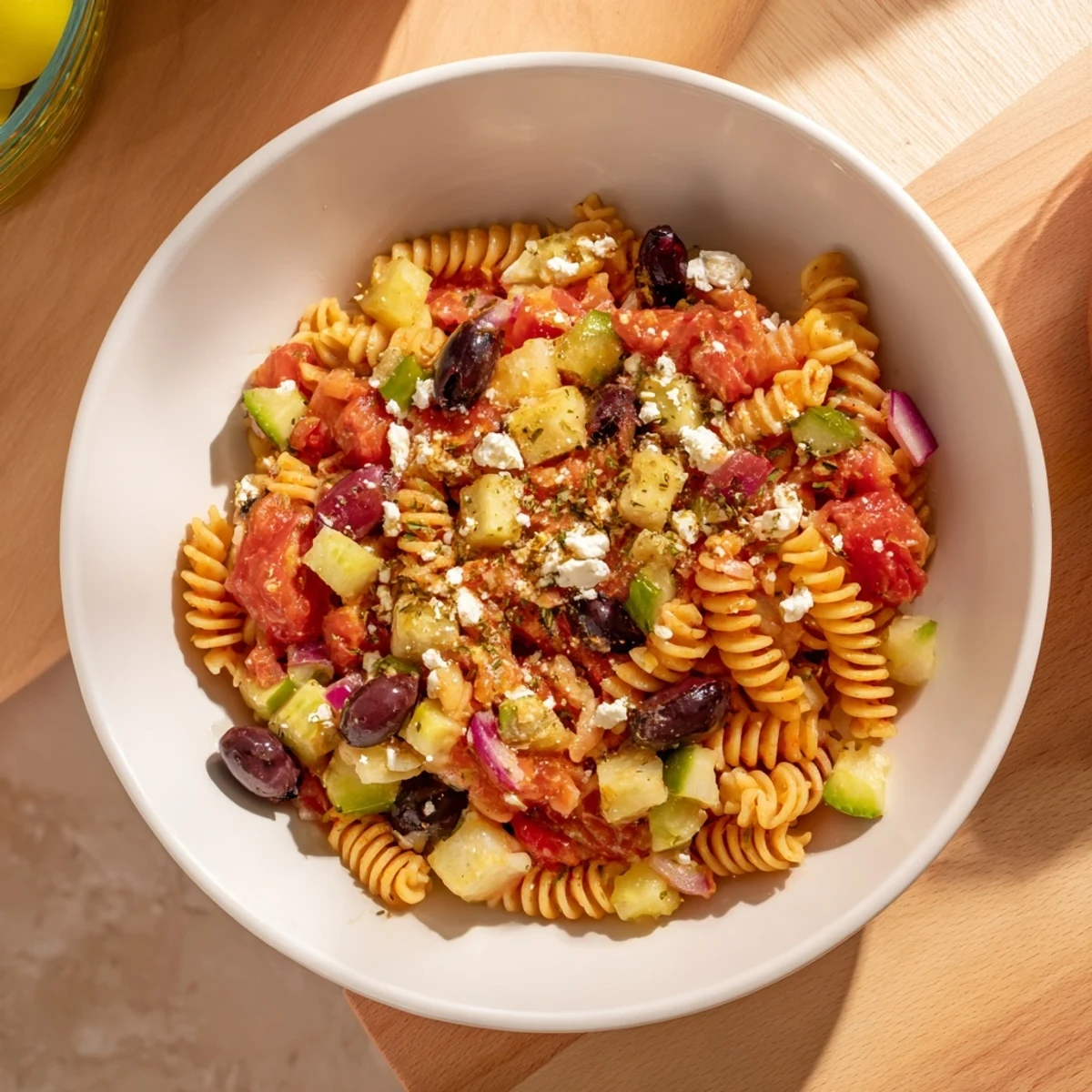 Mediterranean olive oil and feta pasta salad, a colorful, chilled meal with bright red tomatoes.