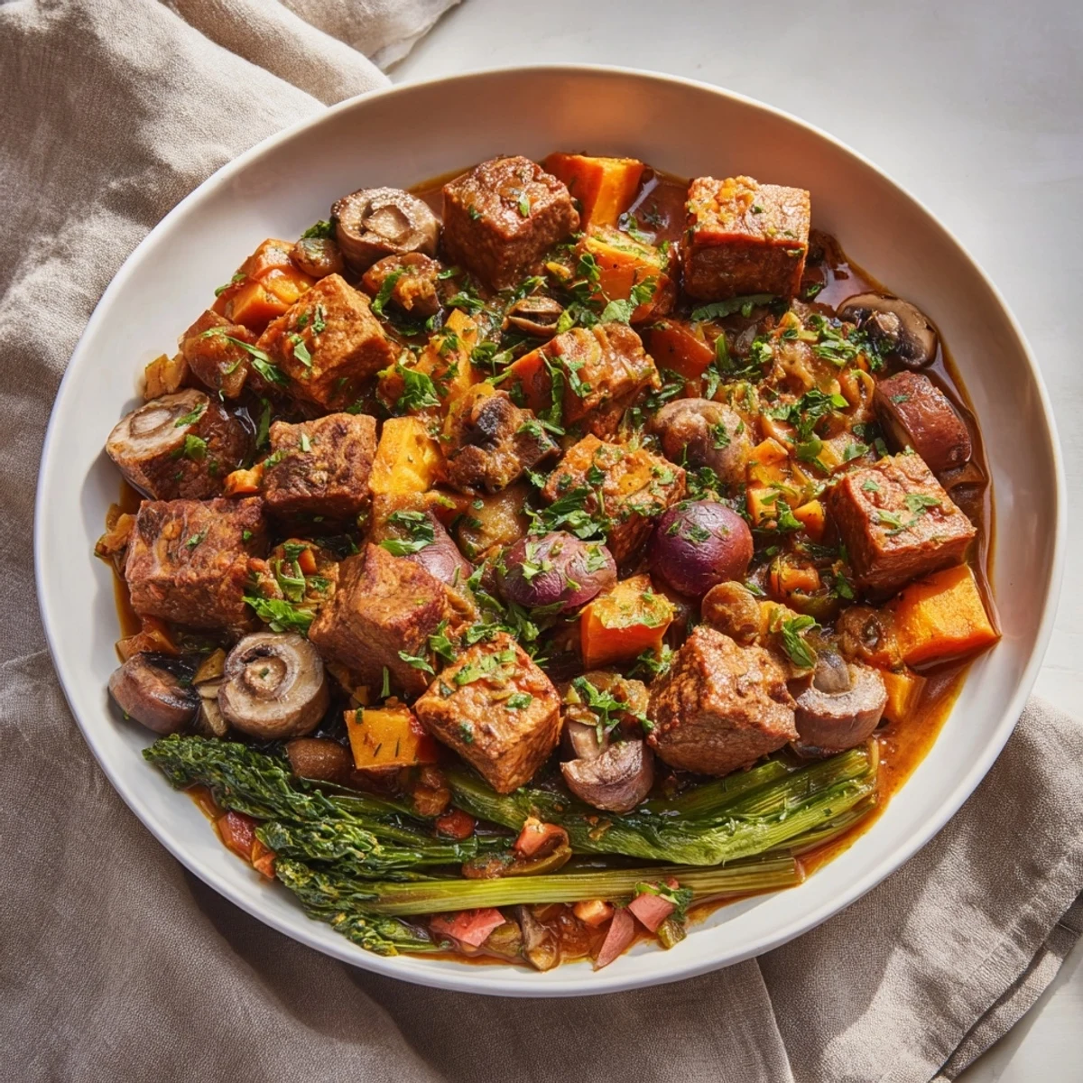 A steaming bowl of earthy beef stew with crusty bread, perfect for a cold evening.
