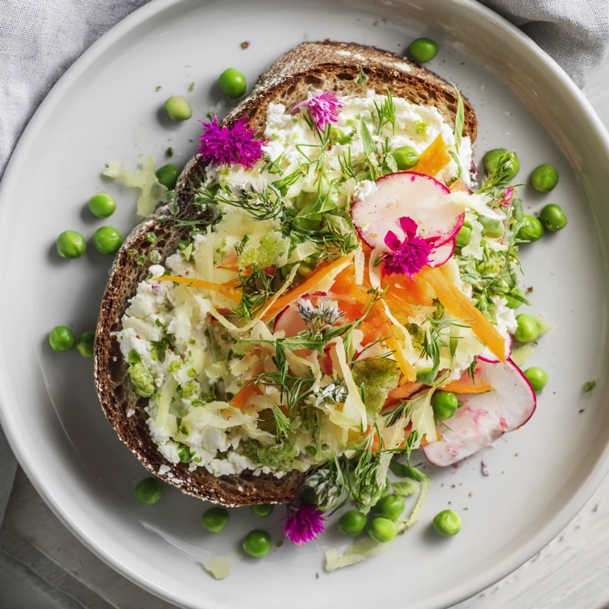 Fresh Meadow-Inspired Garden Vegetable Tartines: A colorful, open-faced veggie sandwich with creamy herbed cheese.