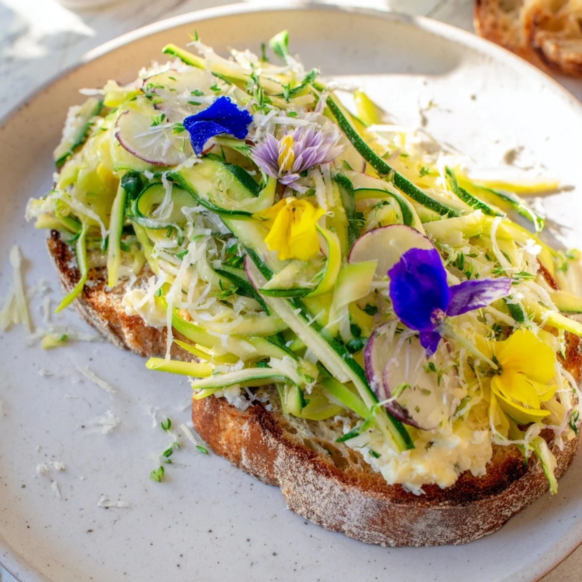 Beautiful Fresh Meadow-Inspired Garden Vegetable Tartines, featuring toasted bread topped with fresh, vibrant summer vegetables.