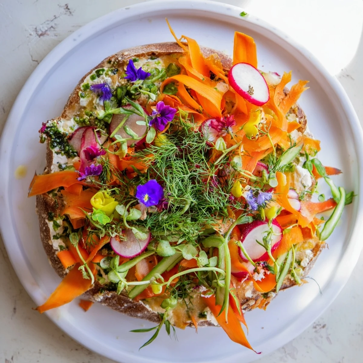 Enjoy a delightful view of Fresh Meadow-Inspired Garden Vegetable Tartines with garden-fresh veggies on rustic bread.