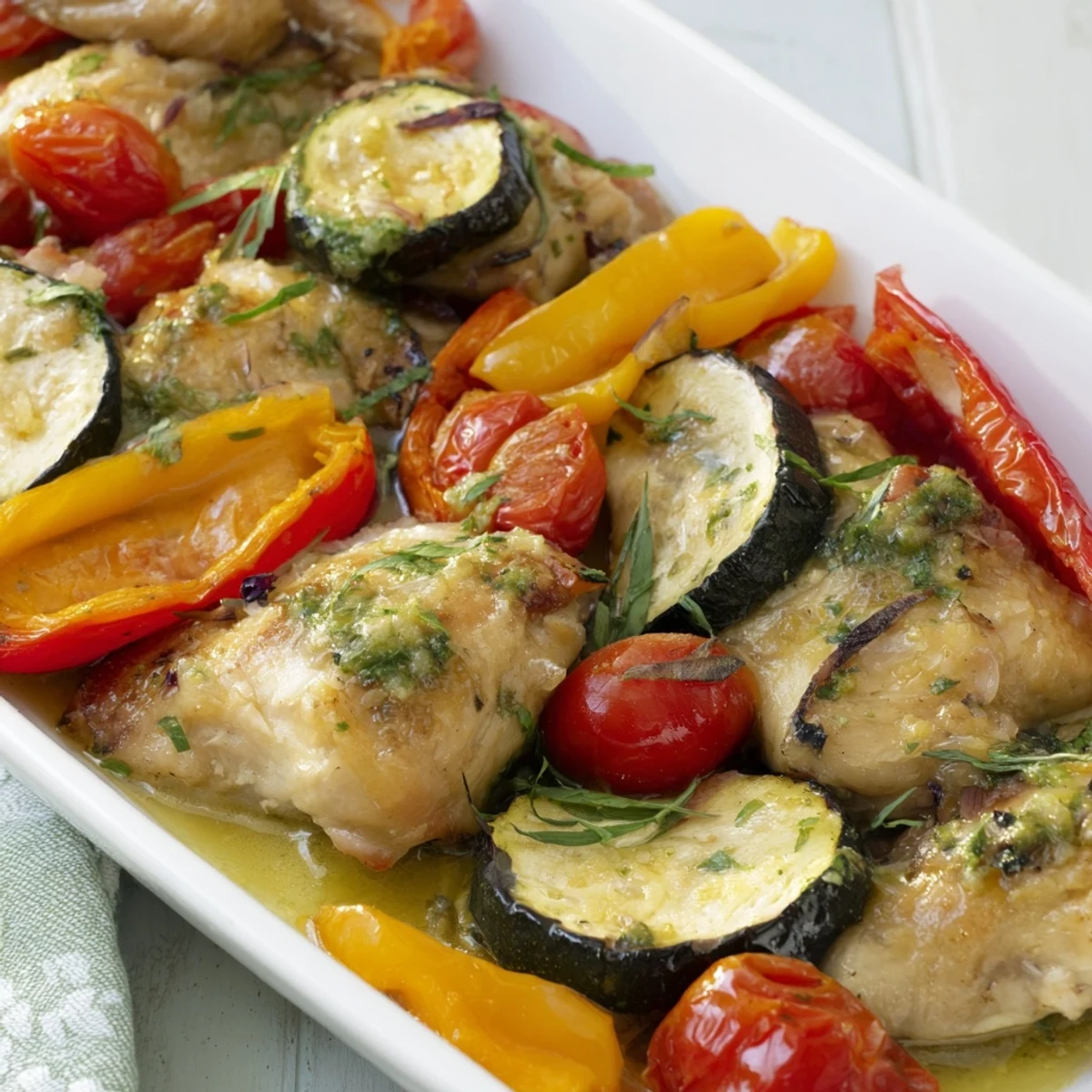 The sizzling Basil-Soft Chicken and Veggie Sheet Pan Dinner presents beautifully browned chicken, glistening with herbs.