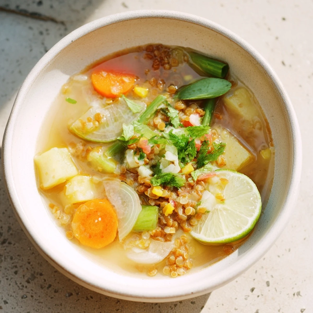Steaming Simple Homemade Grain and Vegetable Soup, thick and brimming with colorful vegetables.