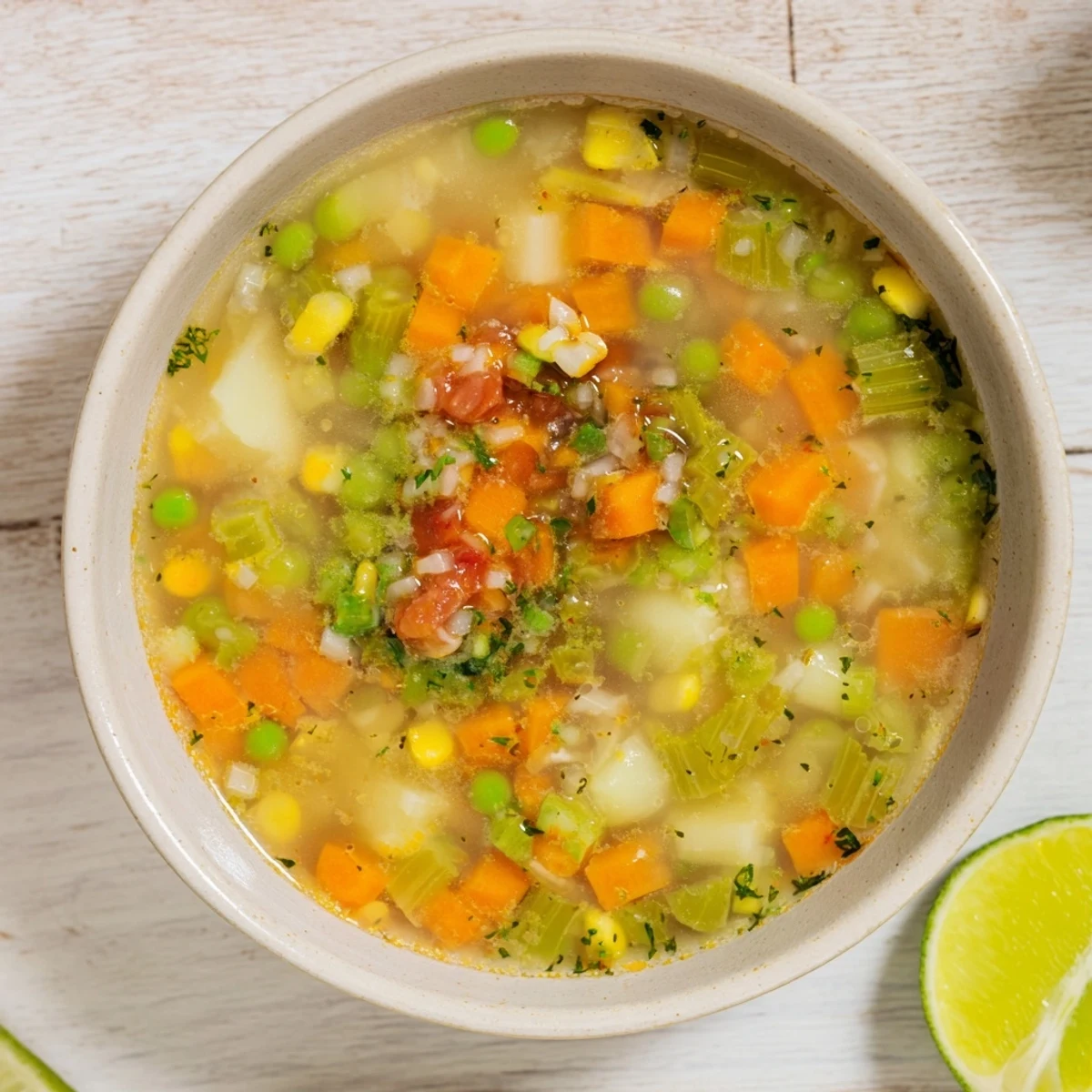 Close-up of a flavorful Simple Homemade Grain and Vegetable Soup, with visible grains and bright vegetables.