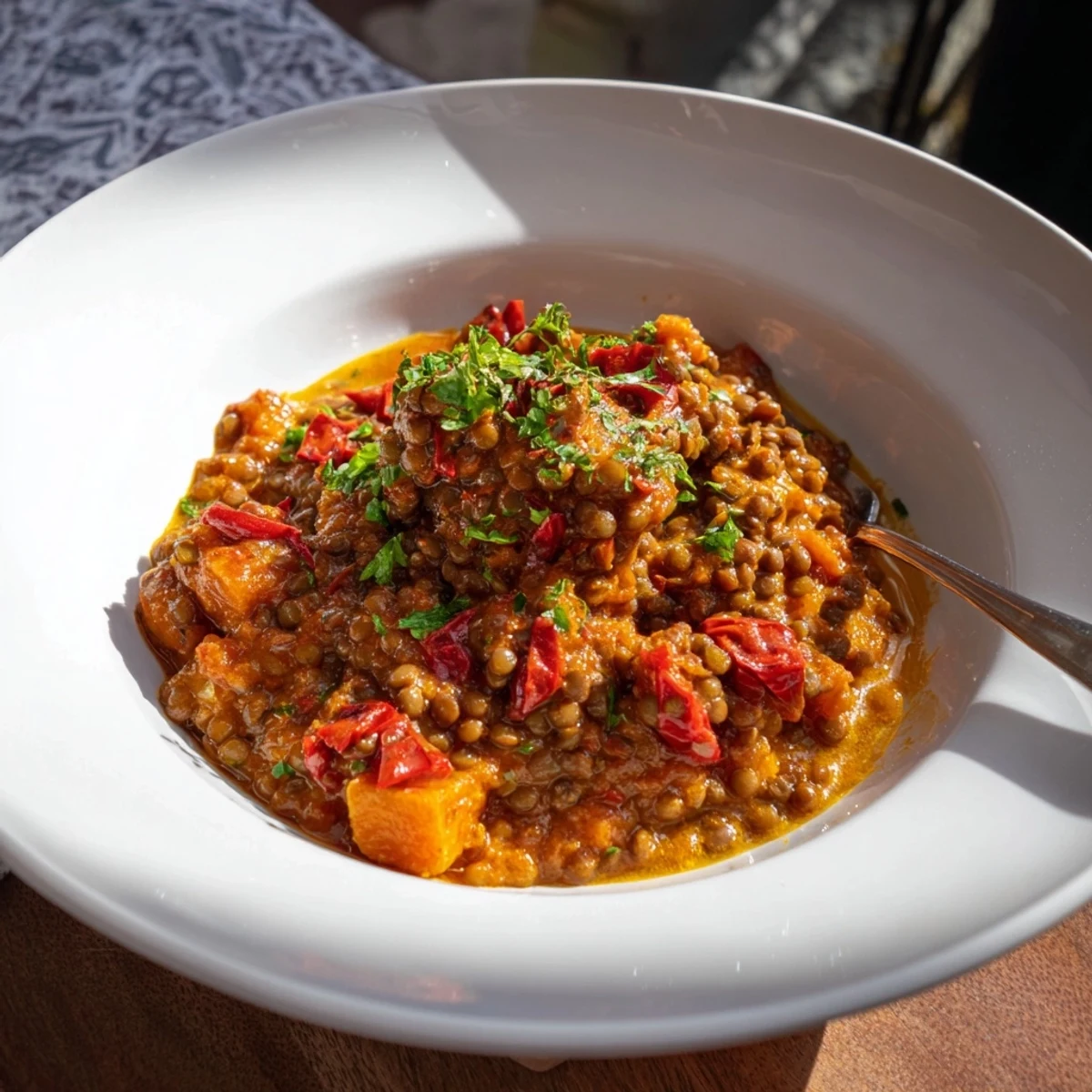 Close-up of a rich, aromatic Wheat-Warm Hearty Lentil Curry, perfect for a cozy, flavorful dinner.