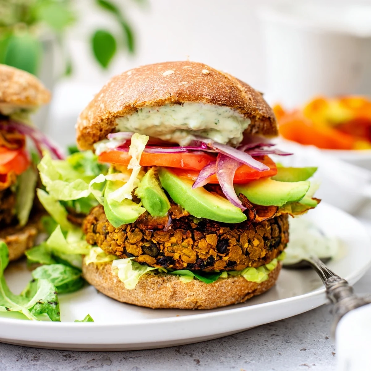 A plated Zesty Black Bean Burger with fresh avocado, ready to enjoy for a satisfying vegetarian meal.
