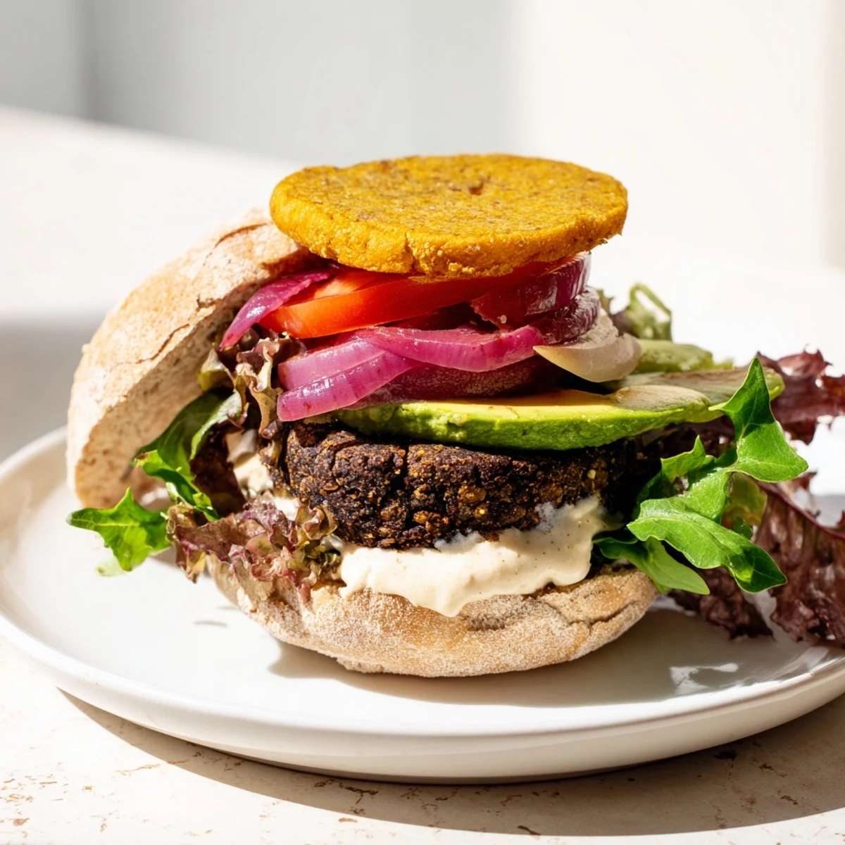 Juicy Zesty Weeknight Black Bean Burgers topped with creamy avocado, tomato slices, and a toasted bun.
