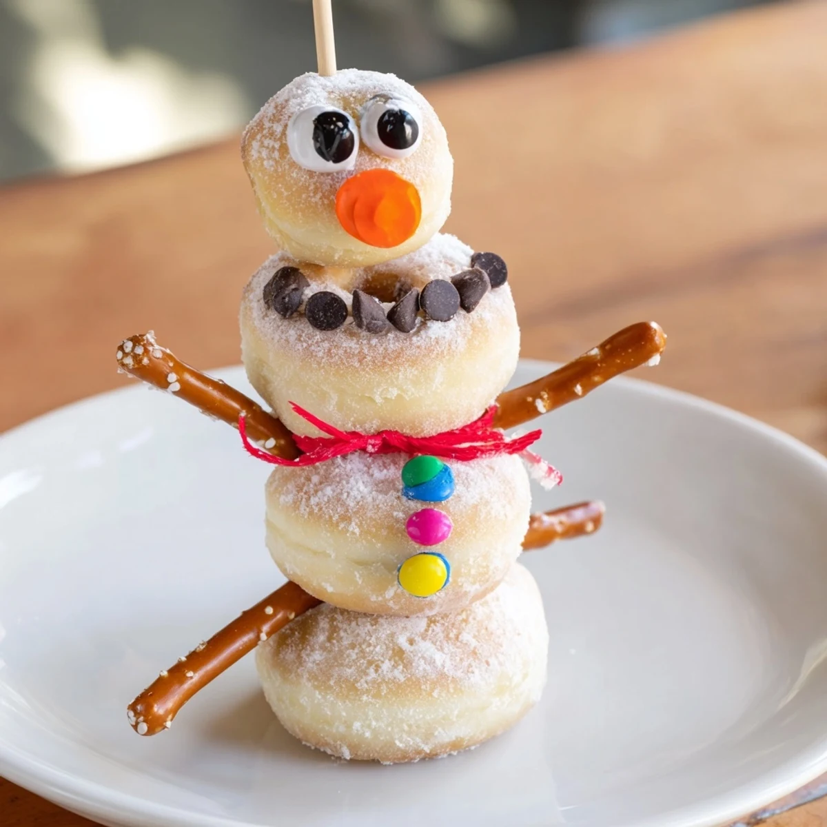Festive mini donut snowman stacks, ready to eat, with bright candy eyes and pretzel arms.