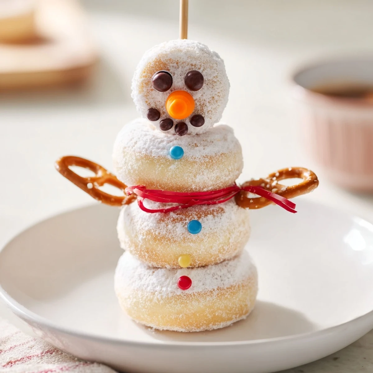 Sweet and charming mini donut snowman stacks, decorated for a delicious, no-bake snack.