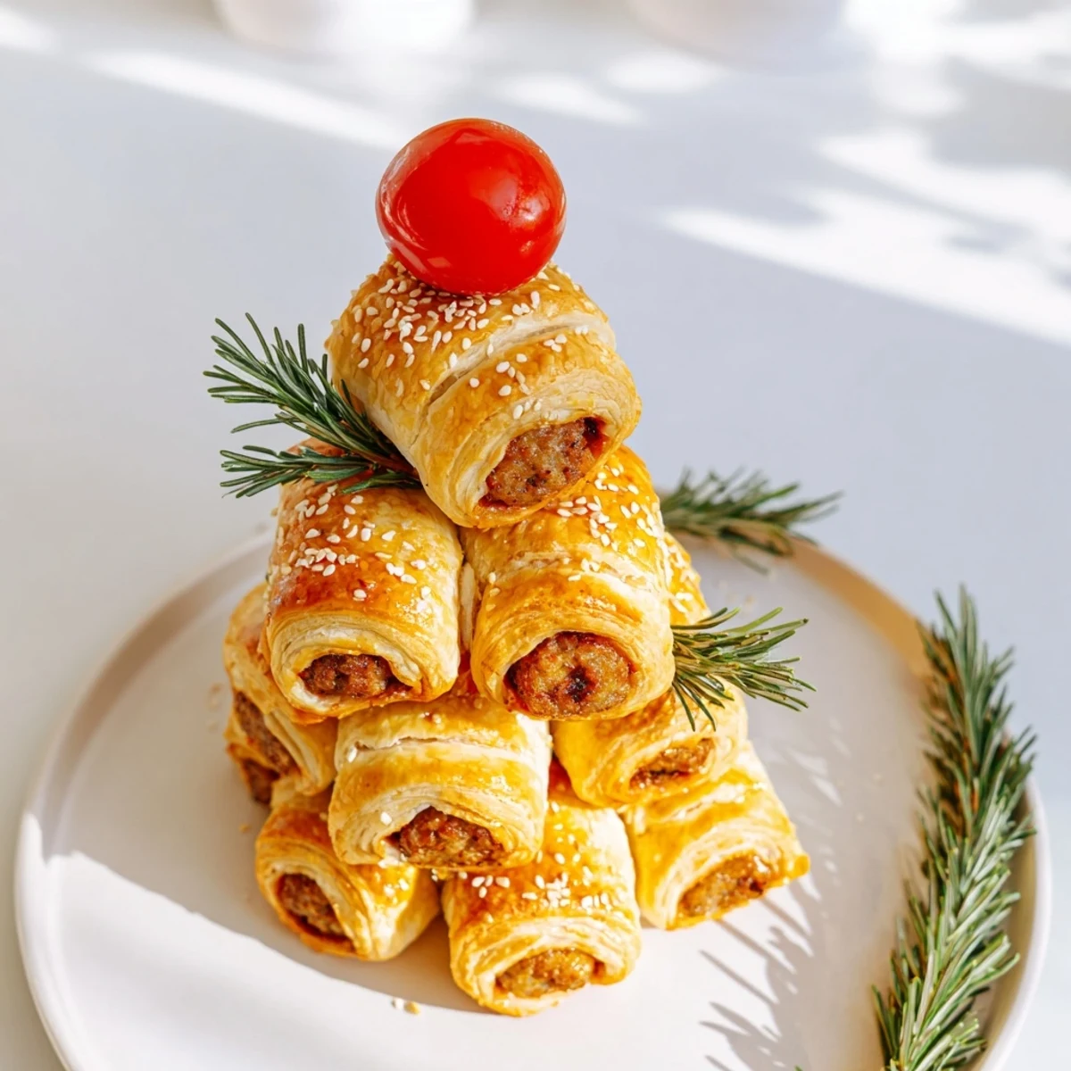 Golden, flaky Savory Bites: Mini Sausage Roll Christmas Tree arranged for a delightful holiday appetizer.