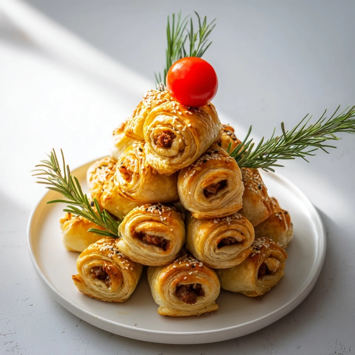 Oven-baked Savory Bites: Mini Sausage Roll Christmas Tree, the perfect savory, festive dish for your party.
