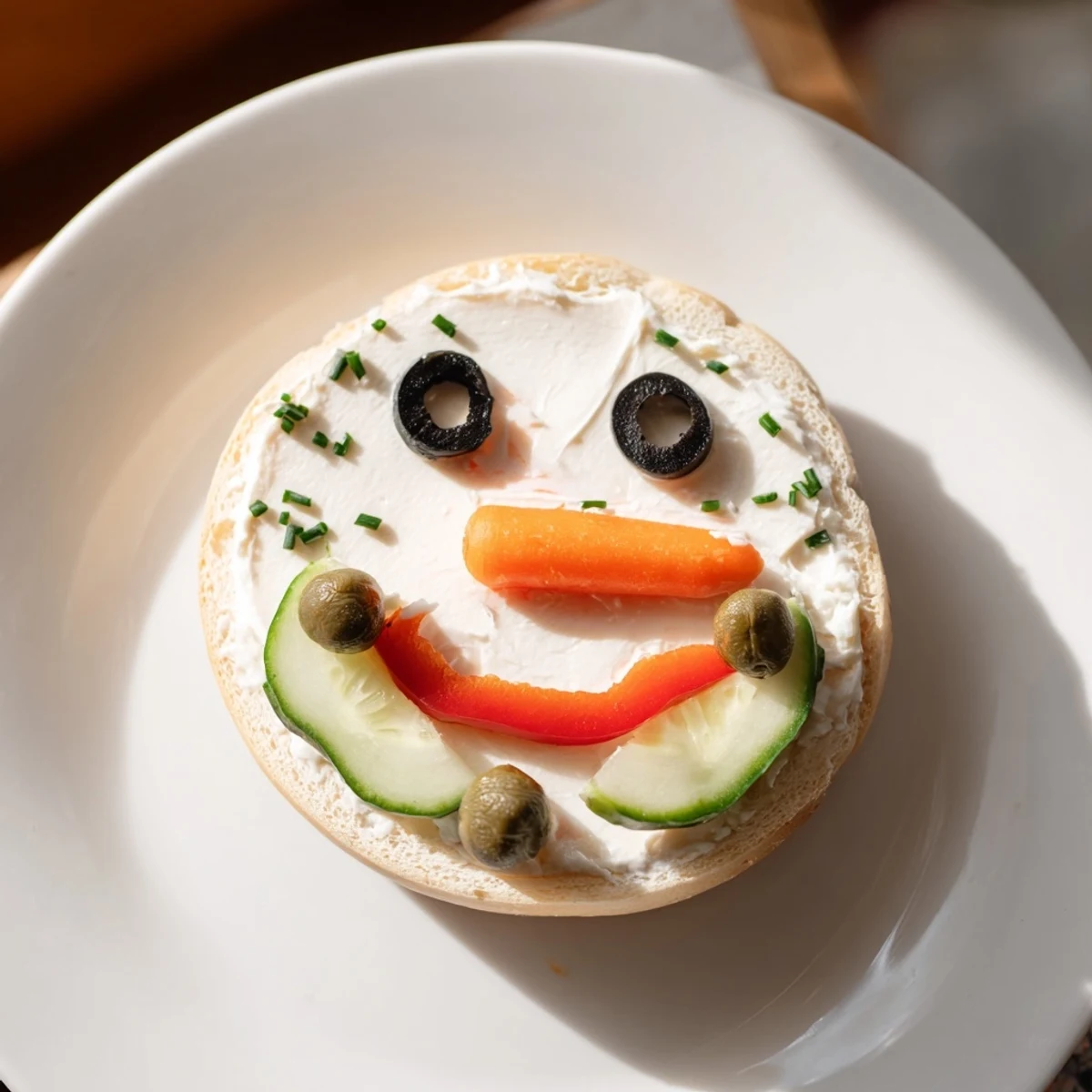Freshly made Snowman Mini Bagel Sandwiches, showing creative cucumber and pepper scarf decorations.