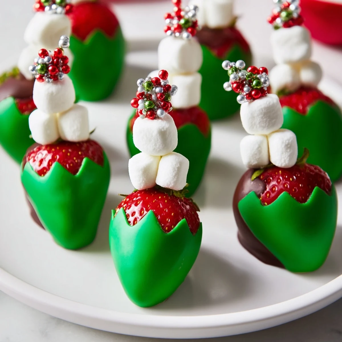 Festive, chocolate-dipped Elf Hat Strawberries, a delightful party dessert, ready to eat and enjoy now.