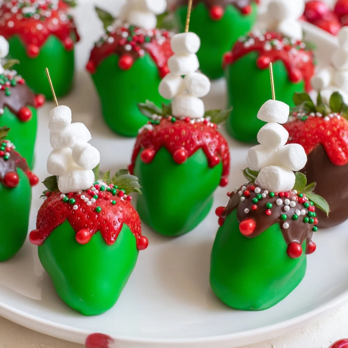 Sweet, vibrant red Elf Hat Chocolate Dipped Strawberries decorated with mini marshmallows for gifting.