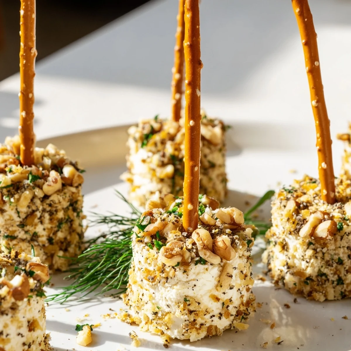 Champagne Cork Cheese Balls presented, showing creamy cheese appetizers with herbs and pretzel "corks."