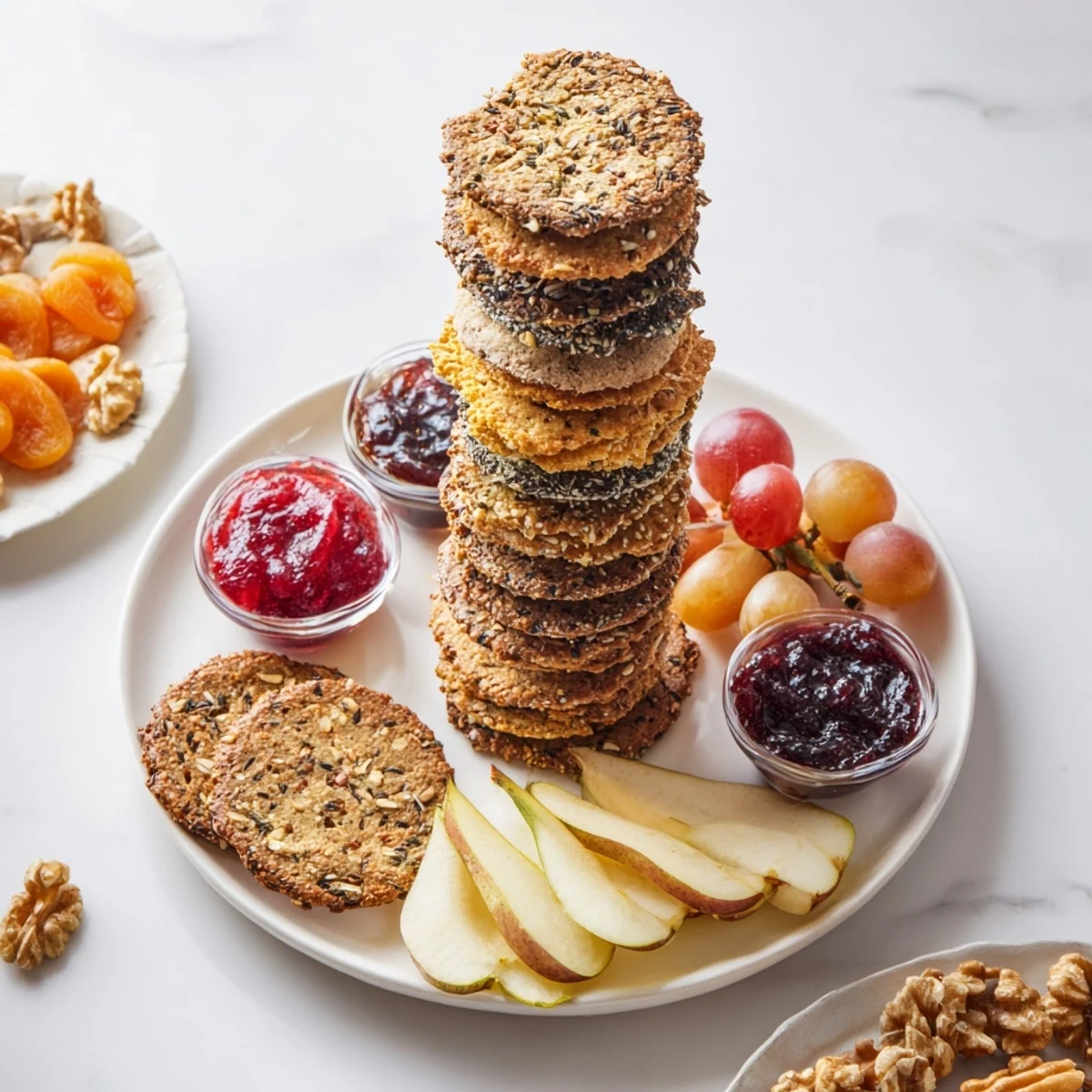 A delectable Gourmet Crackers tower showcases crackers, preserves, fruits, and nuts for elegant entertaining.