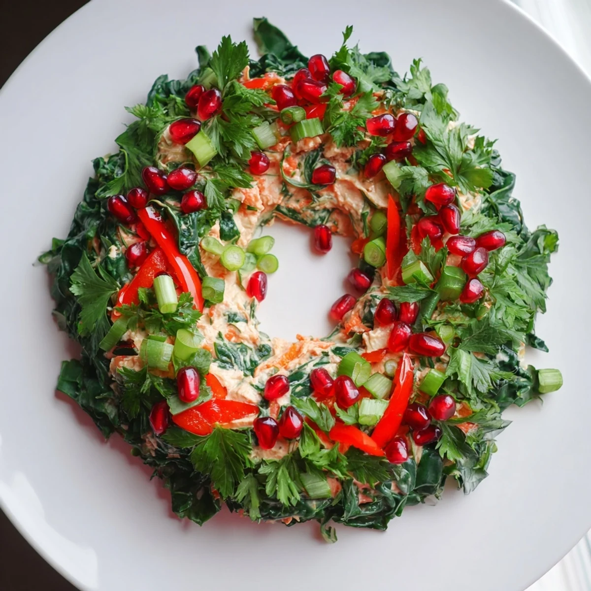 A vibrant close-up of the Red Pepper and Spinach Dip Wreath with fresh parsley and pomegranate garnish.