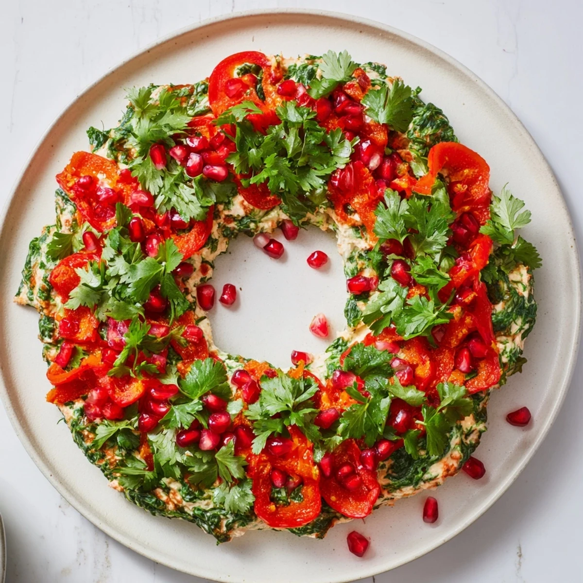 Creamy Red Pepper and Spinach Dip Wreath, a festive appetizer perfect for holiday gatherings with crackers.