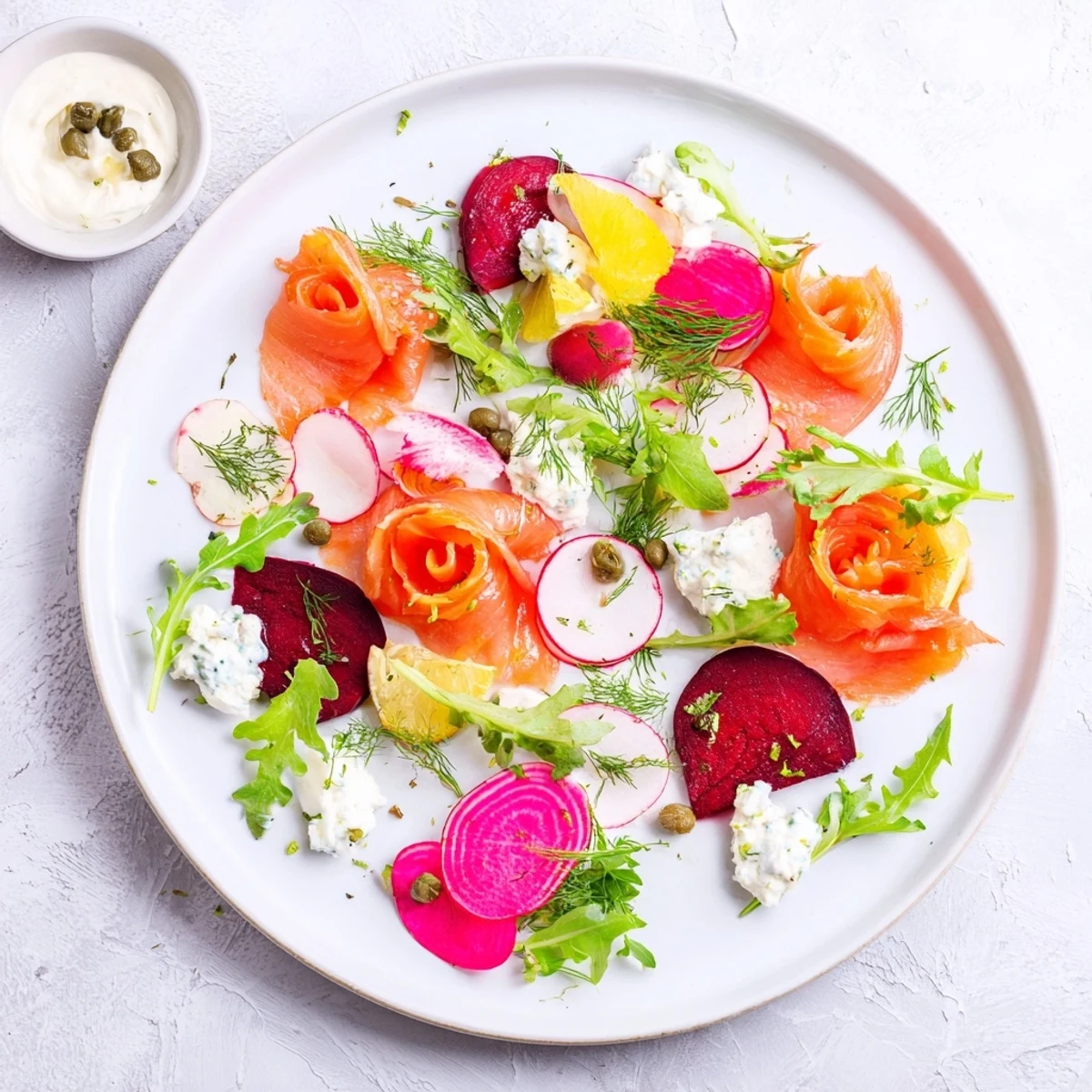 Festive Winter Harvest Smoked Salmon Board with colorful vegetables, perfect for a holiday appetizer.