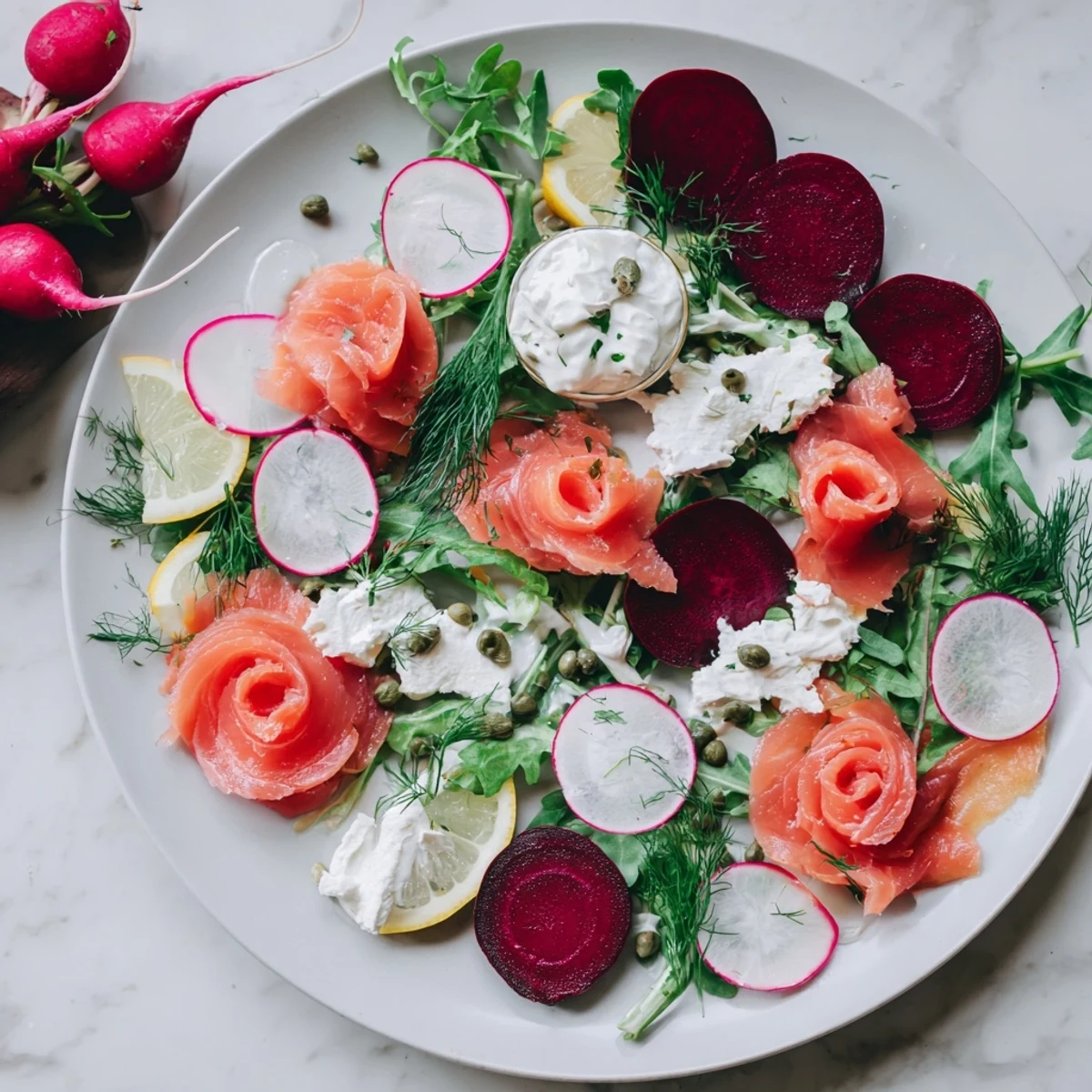 A beautifully arranged Winter Harvest Smoked Salmon Board with toasted bread, vegetables, capers, and dill.