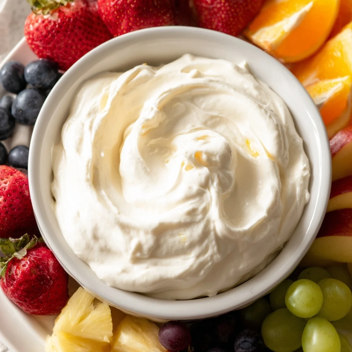 Creamy cream cheese fruit dip in a bowl surrounded by colorful, appealing fresh fruit for dipping.