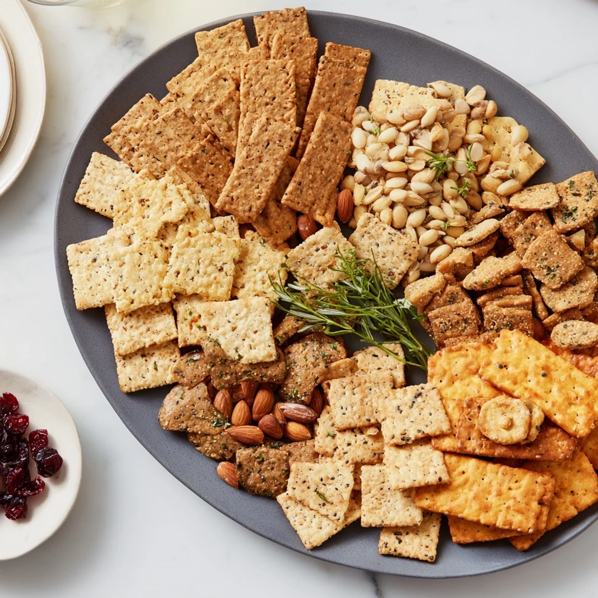 Holiday Crackers arranged on a platter, showcasing a variety of textures and flavors ready to savor.