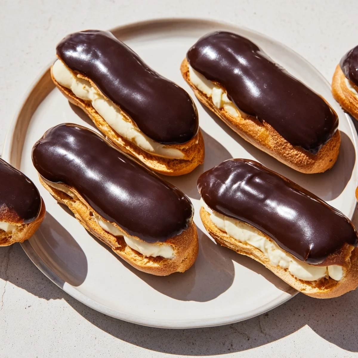 Mini chocolate éclairs arranged in a row show off the glossy chocolate glaze and creamy filling.