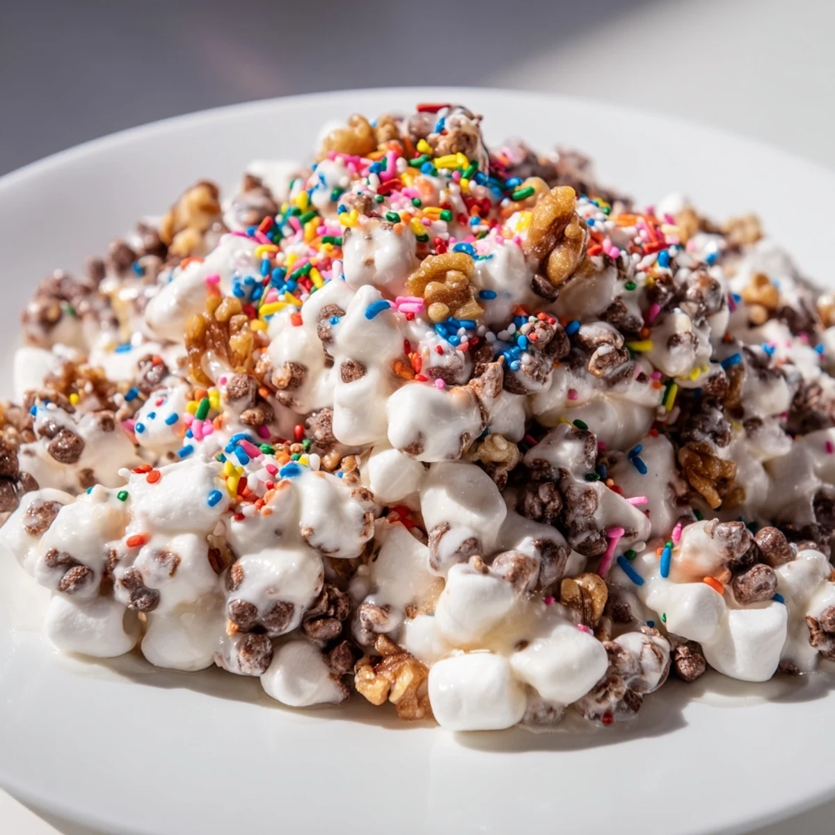 A close-up of a bubbling chocolate chips and mini marshmallows heap, ready for a sweet bite.