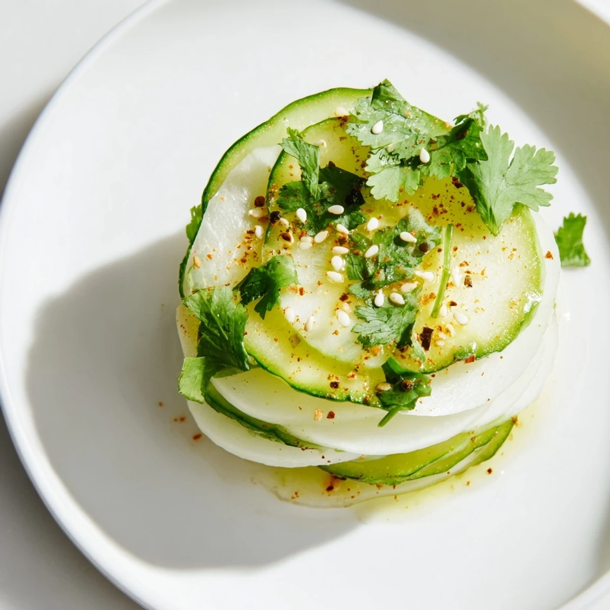Crisp Jicama and Cucumber Slice Stack, layered beautifully with vibrant green cilantro and zesty dressing.