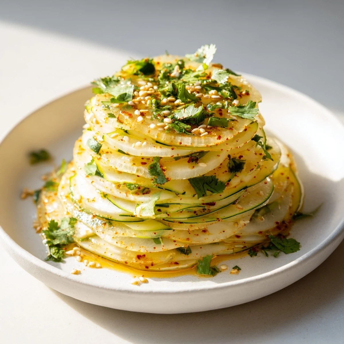 Visualize the fresh, colorful Jicama and Cucumber Slice Stack, a quick, easy, and healthy summer side dish.