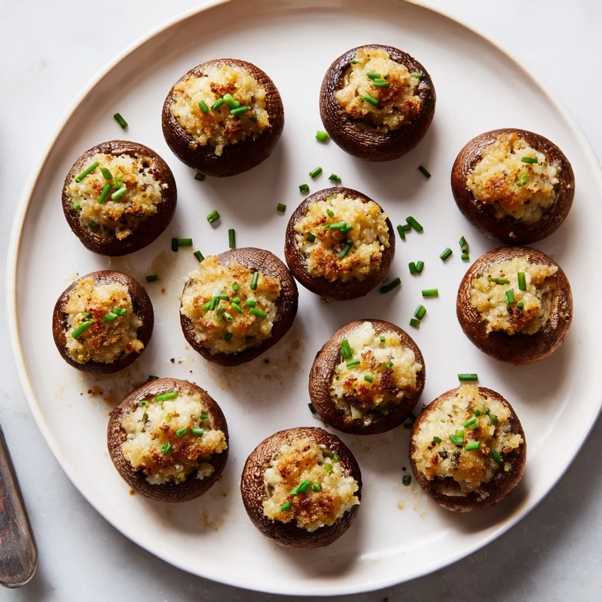 Golden stuffed mushroom caps arranged in a ring, perfect for an elegant American appetizer.