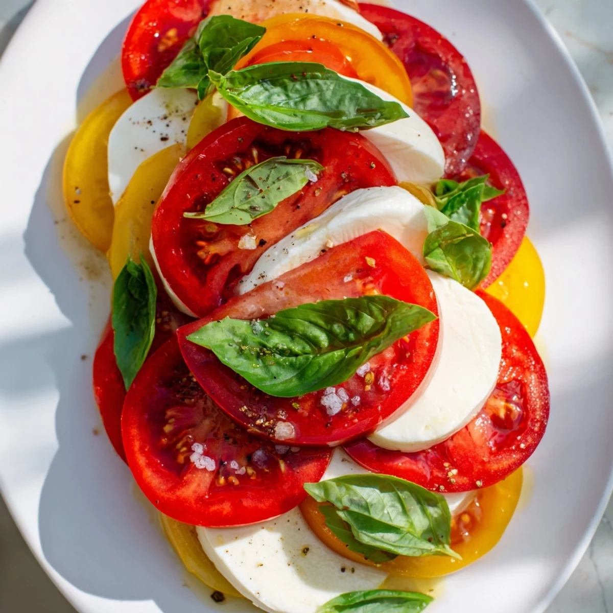 Sliced Tomato and Mozzarella Rounds, a colorful Italian side dish with fresh basil and olive oil.