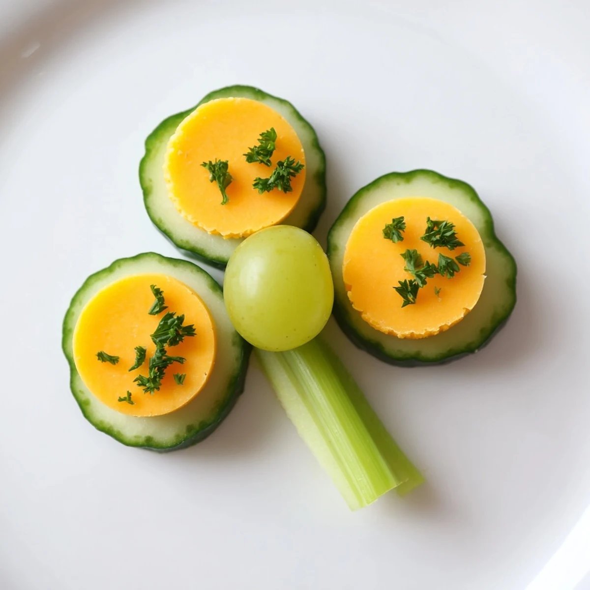 A close-up of a charming Lucky Four-Leaf Clover Snack ready to eat, with colorful ingredients arranged perfectly.