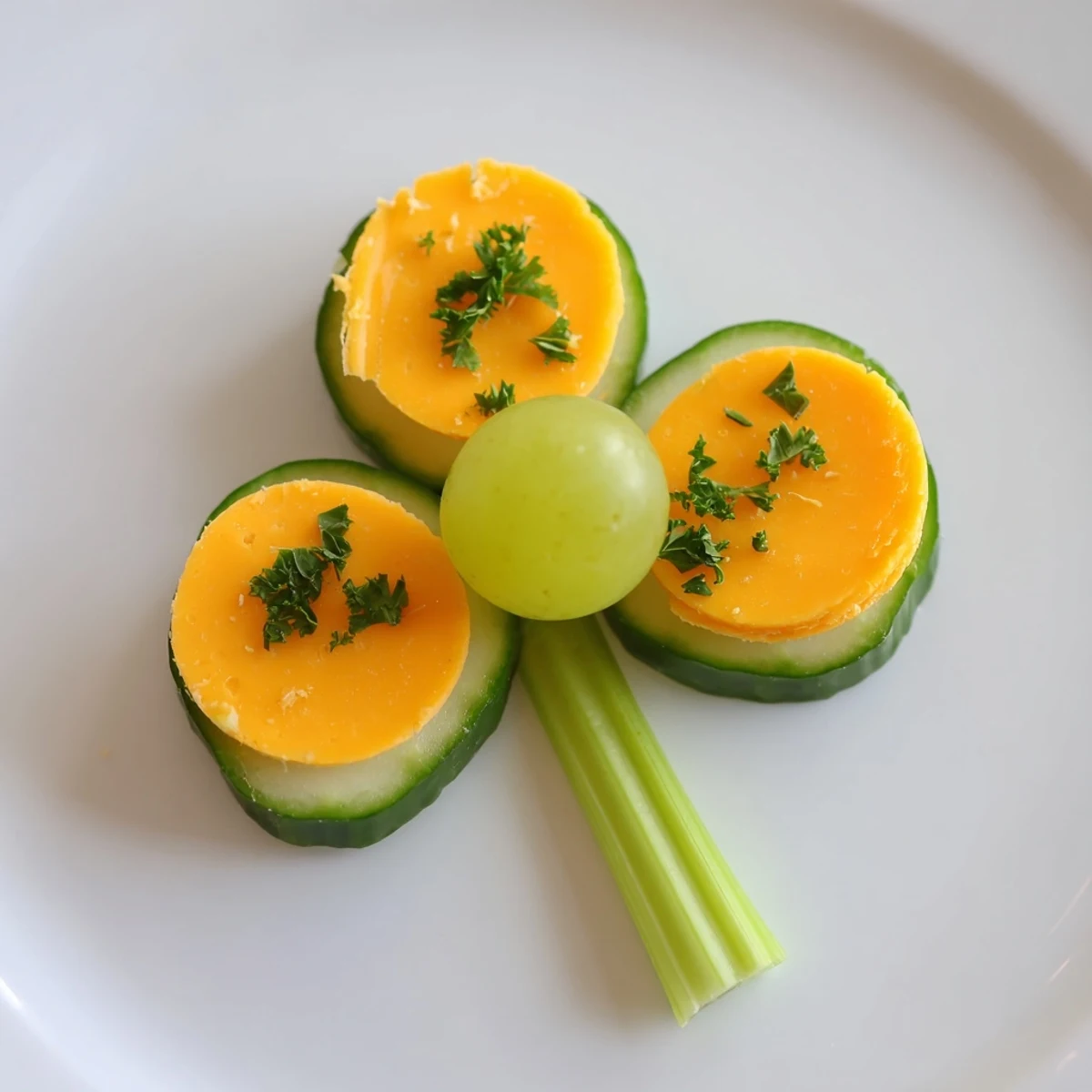 Festive Lucky Four-Leaf Clover Snack presented on a plate, featuring cucumber, cheese, and a fresh green stem.