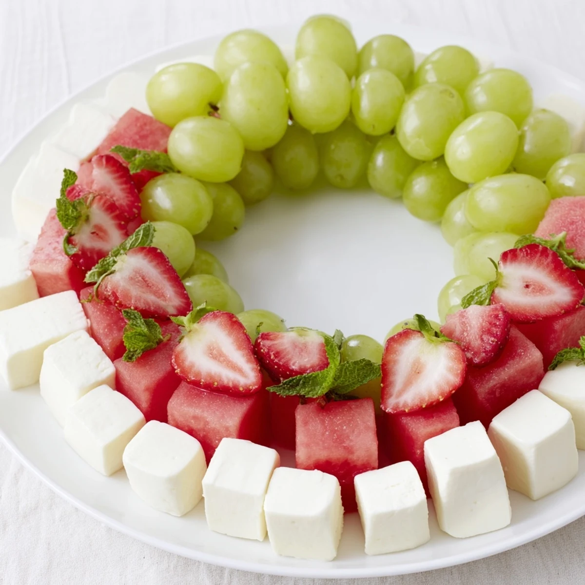 This summer watermelon slice recipe features juicy fruit, creamy cheese, and a fresh green grape rind, ideal for entertaining.