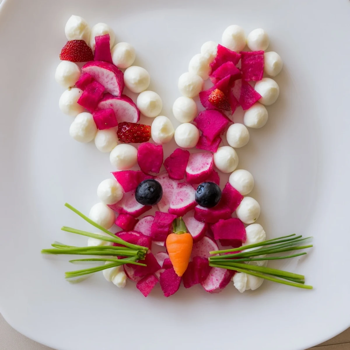 Bunny Silhouette appetizer platter: a colorful, edible bunny head with pink and white fillings, perfect for Easter.